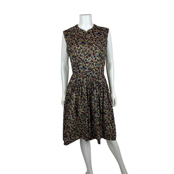 Vintage 60s Floral Dress Womens Medium Dark Groovy Print Sleeveless Fit & Flare - Picture 2 of 12